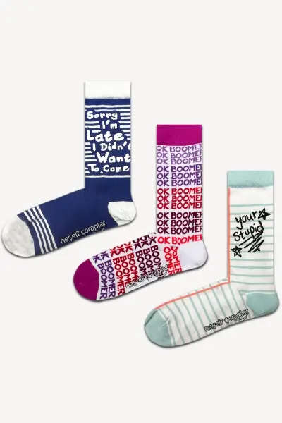 3'lü Yazılı Renkli Çorap Set 1
