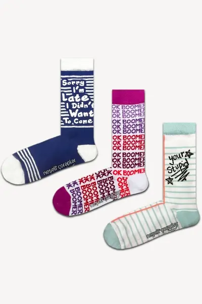3'lü Yazılı Renkli Çorap Set 1