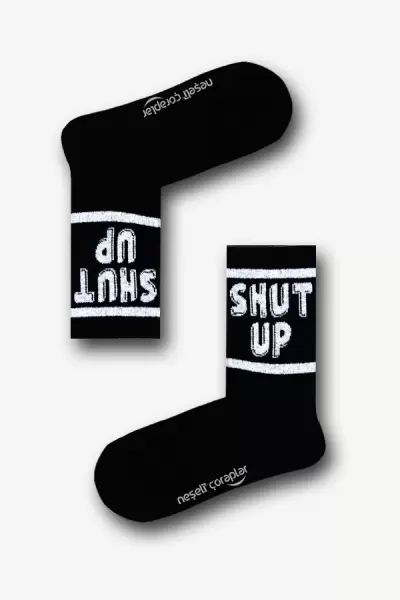 Siyah Shut Up Desenli Atletik Kadın Çorap