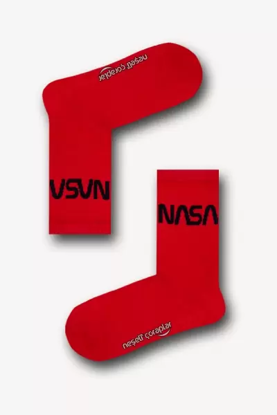 Kırmızı Nasa Yazılı Atletik Erkek Çorap