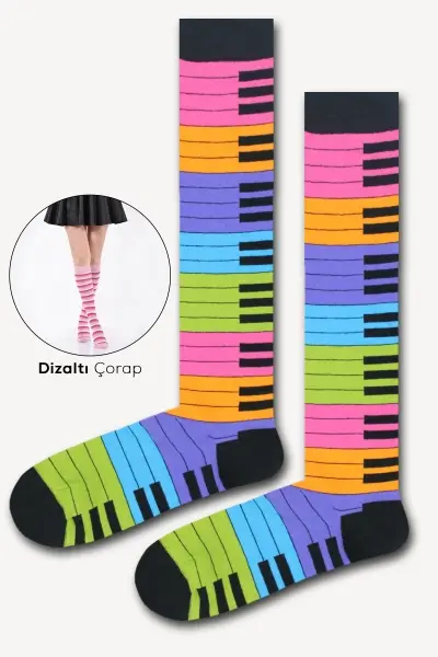Piyano Renkli Kadın Dizaltı Çorap
