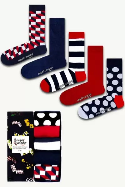 5'li Düz Geometrik Renkli Çorap Set