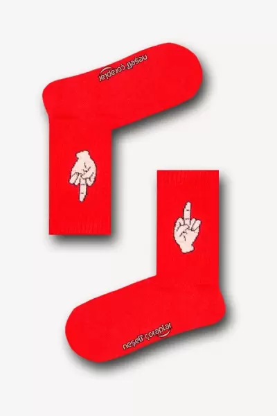 Middle Finger Red Desenli Atletik Kadın Çorap