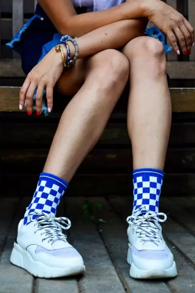 Saks Mavi Dama Desenli Atletik Kadın Çorap
