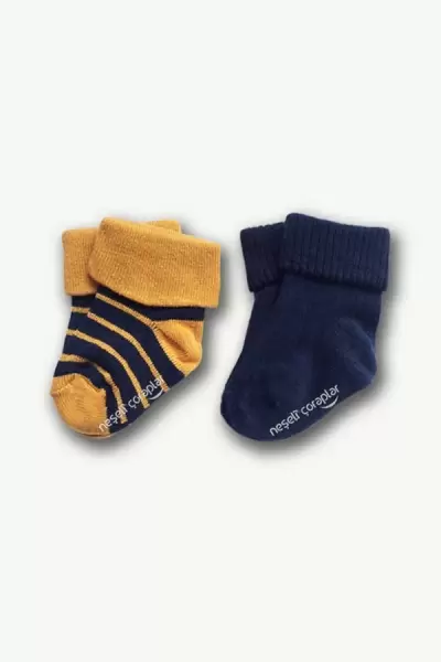 2'li Bebek Hardal-Lacivert Çizgili Renkli Çorap