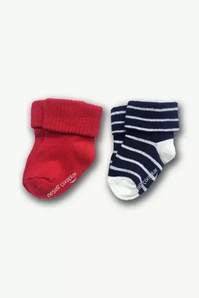 2'li Bebe Kırmızı Laci-Beyaz Çizgili Renkli Çorap