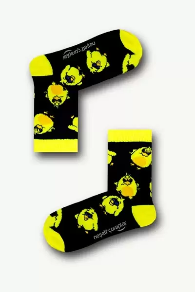 Siyah Civciv Desenli Renkli Çocuk Çorap