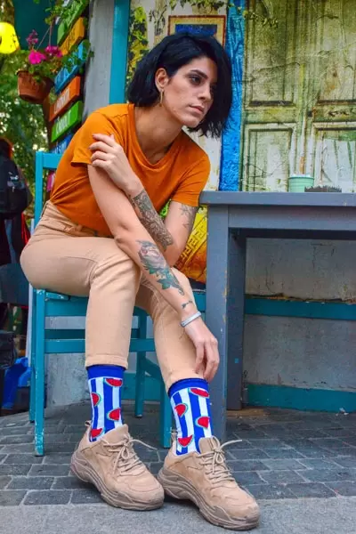 Saks Şerit Karpuz Desenli Renkli Kadın Çorap