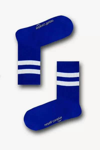 3'lü Beyaz Mavi Şeritli Atletik Çorap Set 
