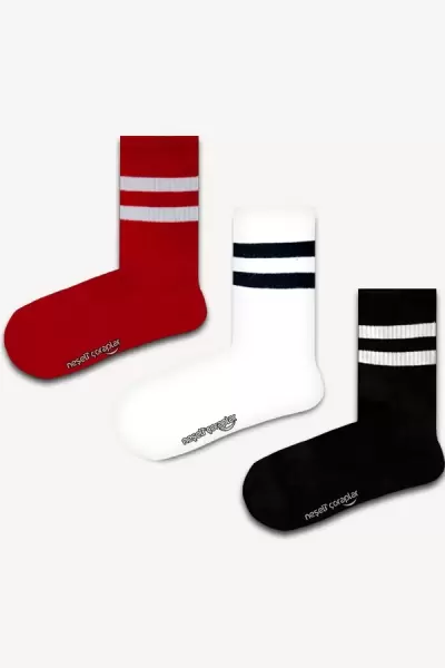 3'lü Beyaz Şeritli Atletik Çorap Set