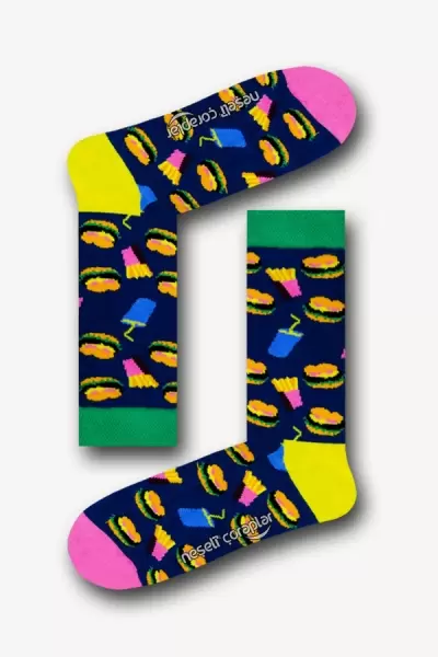 Hamburger Patates Desenli Renkli Kadın Çorap