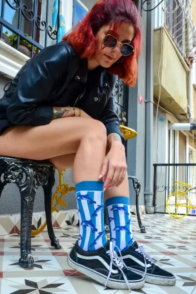 Mavi Yunus Desenli Renkli Kadın Çorap