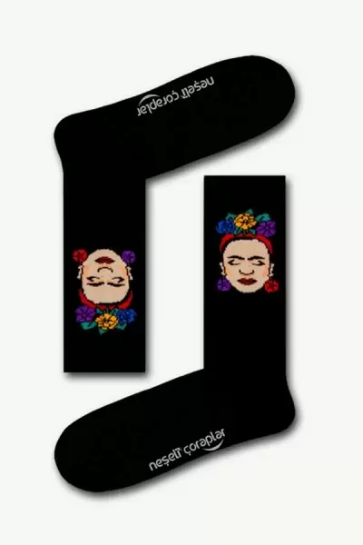 Siyah Frida Desenli Renkli Kadın Çorap  