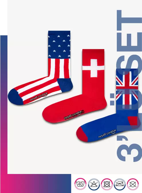 3'lü Amerikan Bayrak Desenli Renkli Çorap Set