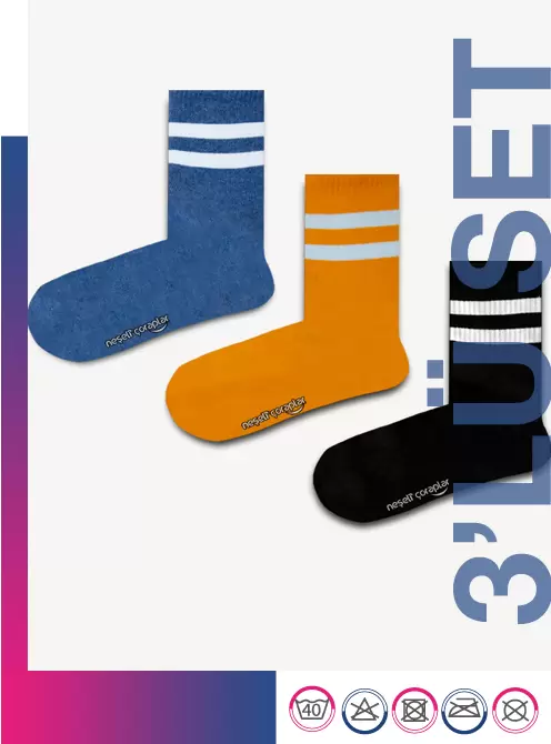 3'lü Sarı Şeritli Atletik Çorap Set