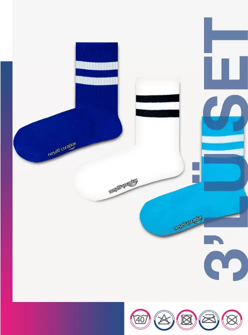 3'lü Beyaz Mavi Şeritli Atletik Çorap Set 