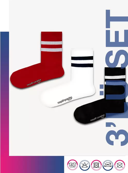 3'lü Beyaz Şeritli Atletik Çorap Set